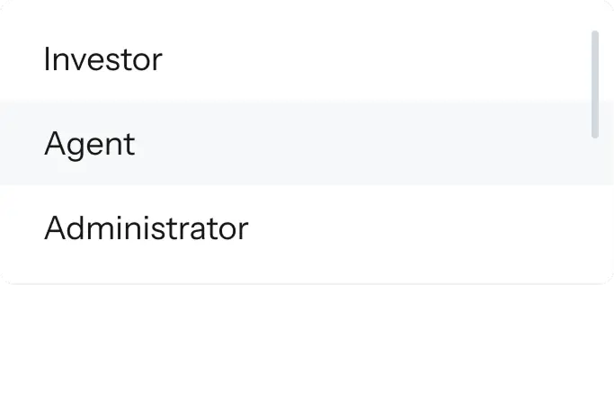 Role selection menu with Investor, Agent and Administrator access levels.