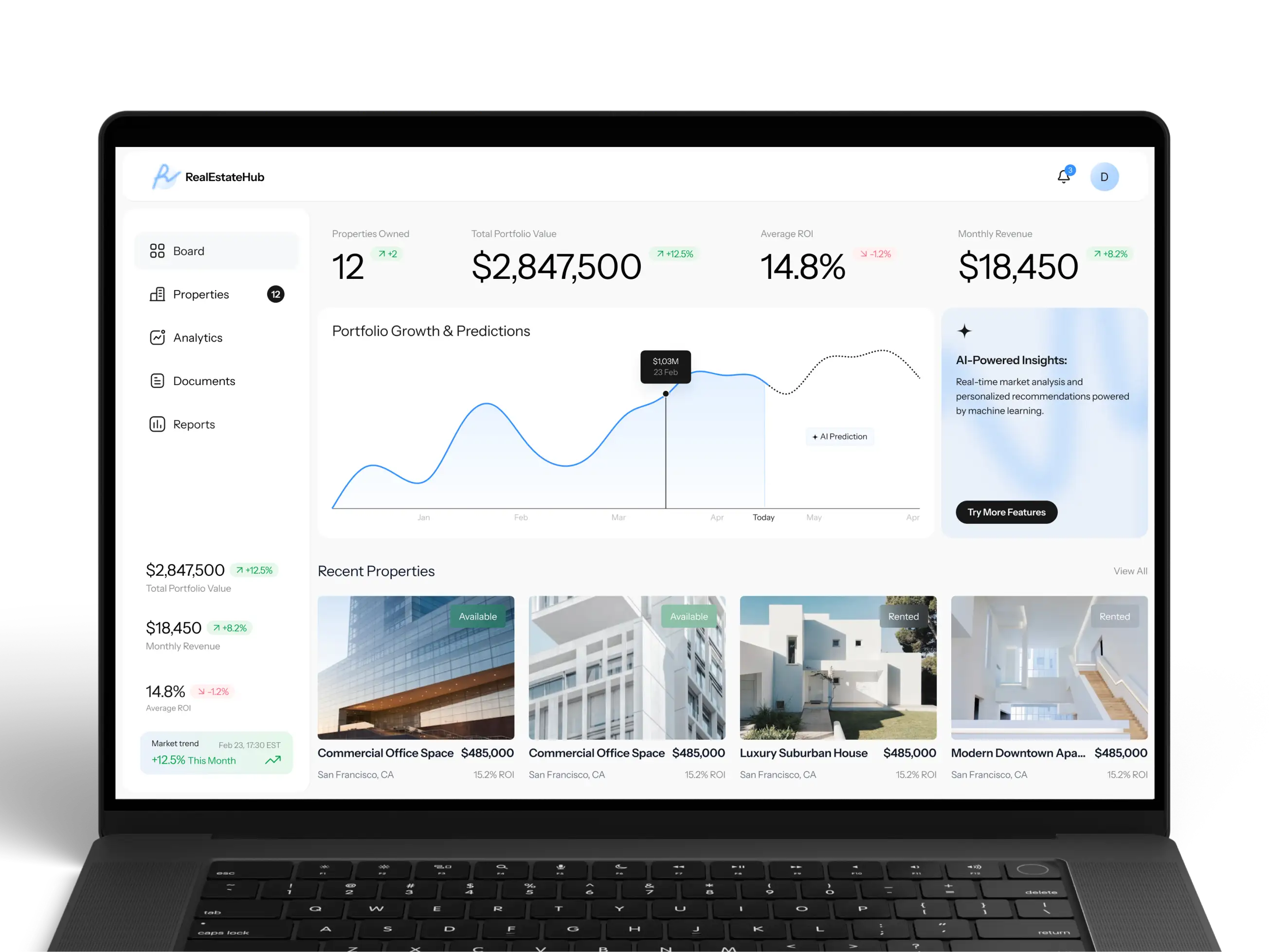 Laptop showing the investment platform board with portfolio value, growth chart and recent property listings.