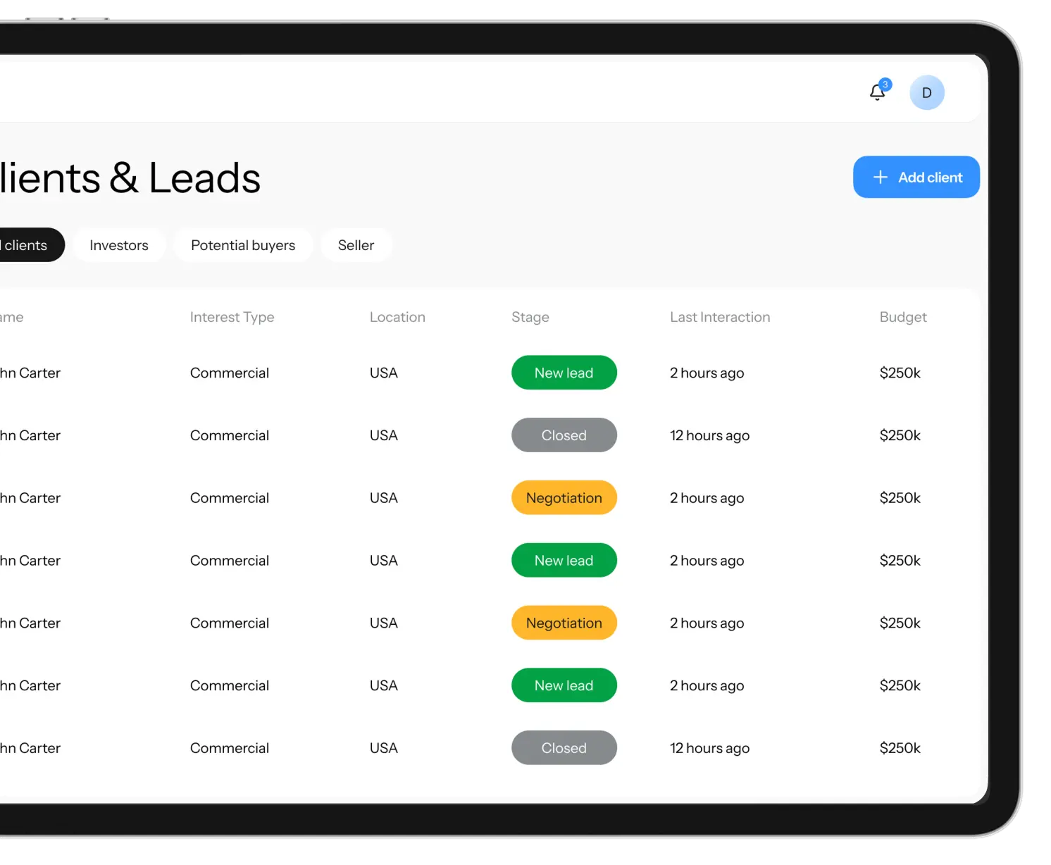 Clients and leads screen on a tablet with client type filters, lead stages and a budget column.