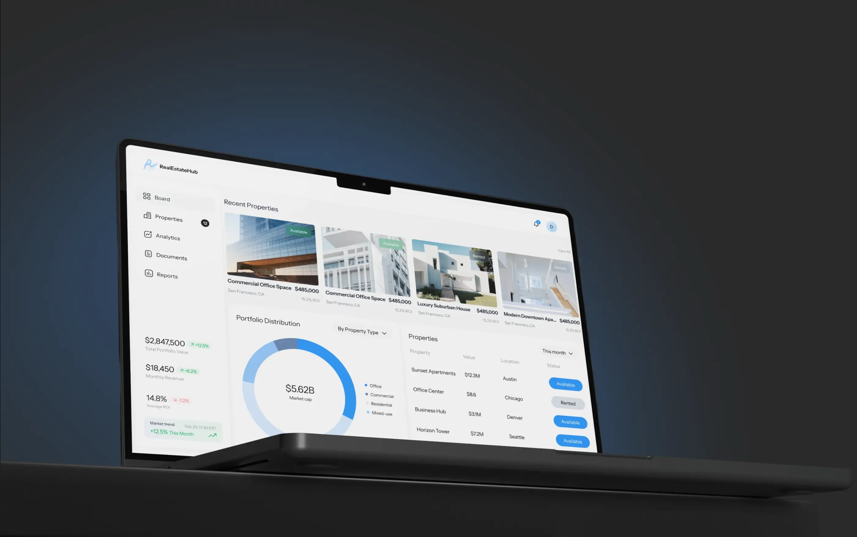 Laptop mockup displaying the investment dashboard with portfolio distribution and property listings.
