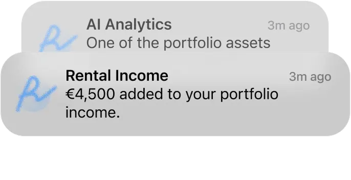 Notification cards about AI analytics and a rental income update.