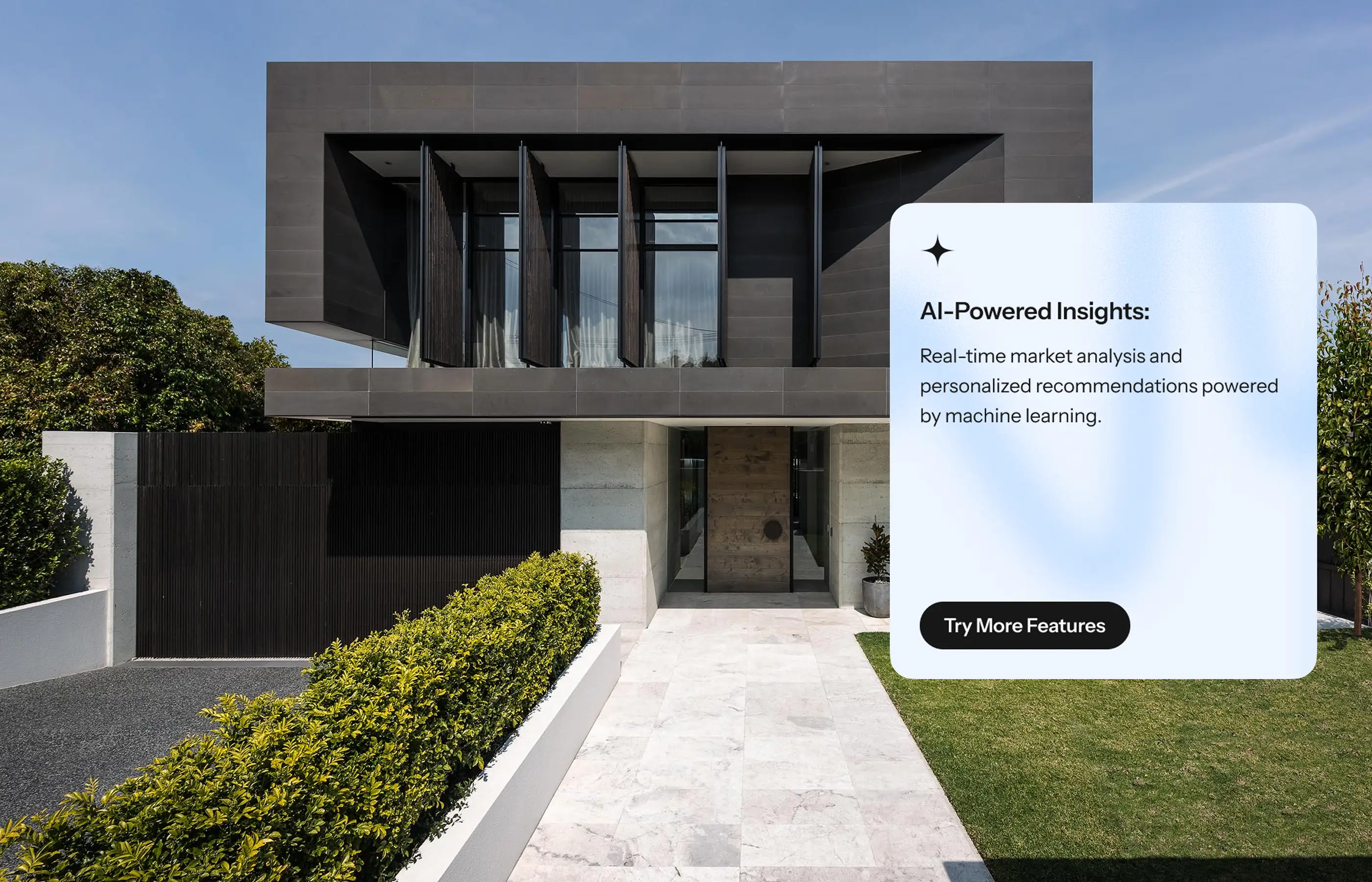 Modern house exterior with an AI-powered insights card overlaid on the photo.