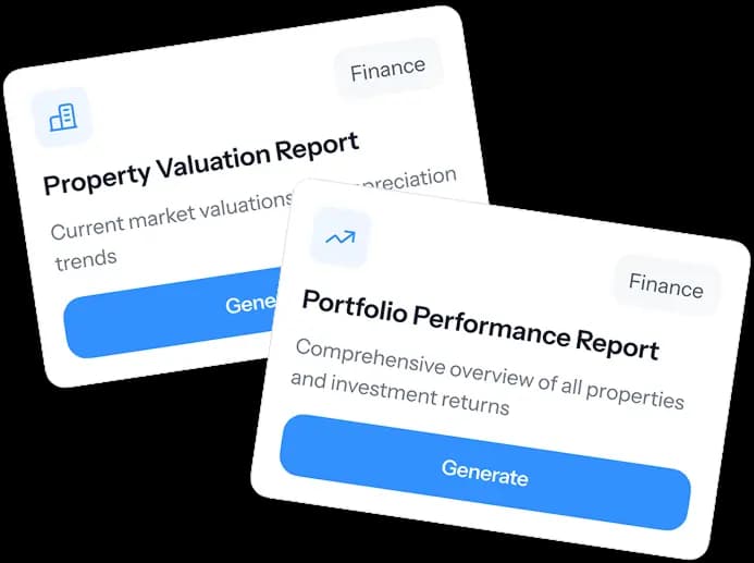 Property valuation and portfolio performance report cards, each with a Generate button.
