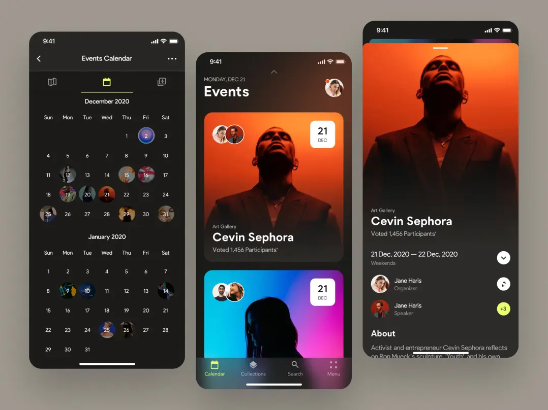 An event mobile app design featuring three screens: a calendar of upcoming events, a list of events, and event details showing a Cavin Sephora exhibition announcement with dates, organizers, and an artist's photo.