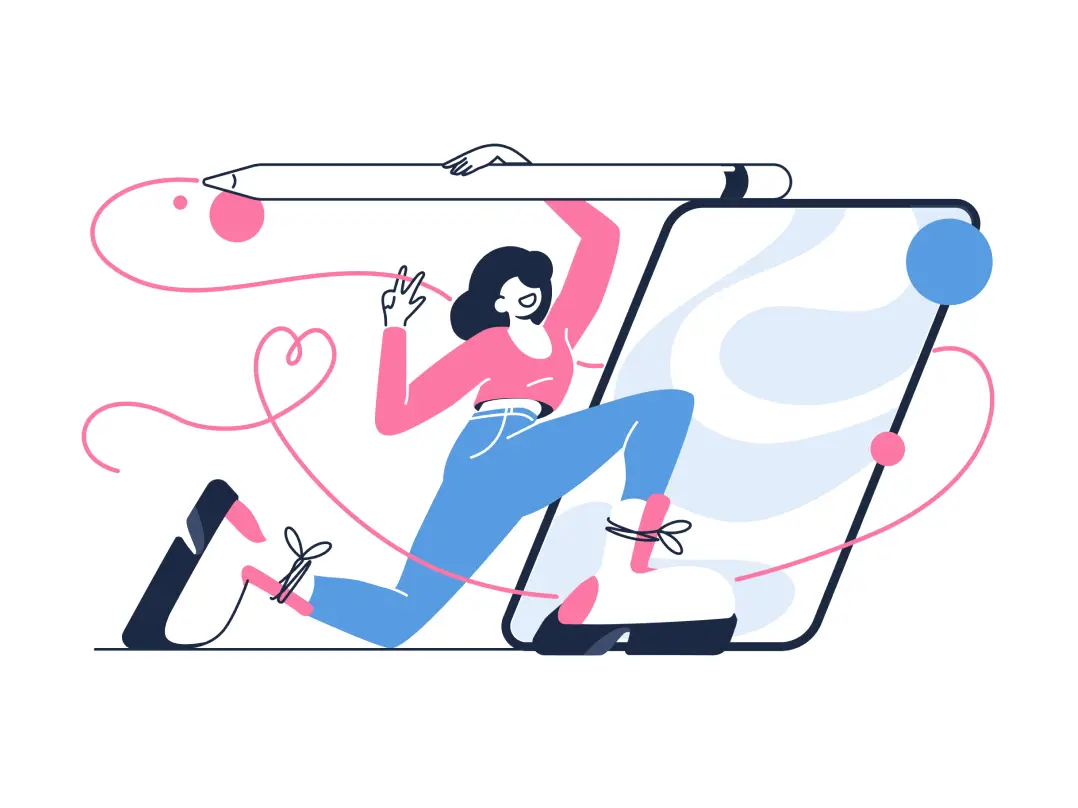 A graphic design element showing a schematic picture of a girl holding a stylus and sitting in front of a large tablet.