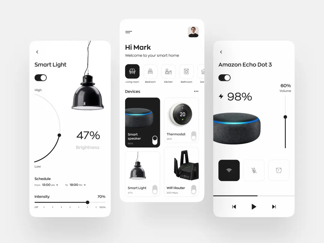 A smart home mobile app design. It features a smart light page with settings, a home page with a selection of rooms and devices, and a page for the Amazon Echo Dot 3 with settings.