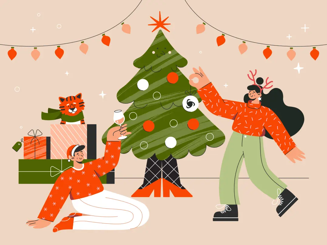A graphic design of a Christmas postcard. a couple is decorating a Christmas tree. a woman is holding ornaments, while a man is raising a glass of beverage.