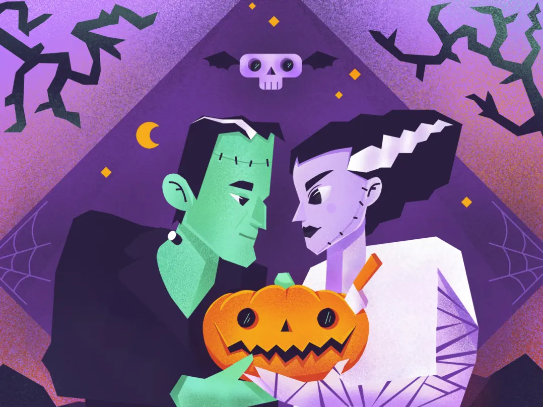 A graphic design of a Halloween postcard featuring a couple dressed up as zombies holding a jack-o’-lantern. Above them is a skull with bat wings