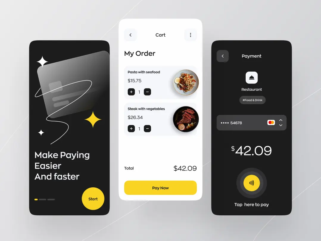 A restaurant mobile app design featuring a splash screen, a list of orders, and a payment page. The app allows users to order and pay with NFC within the app.