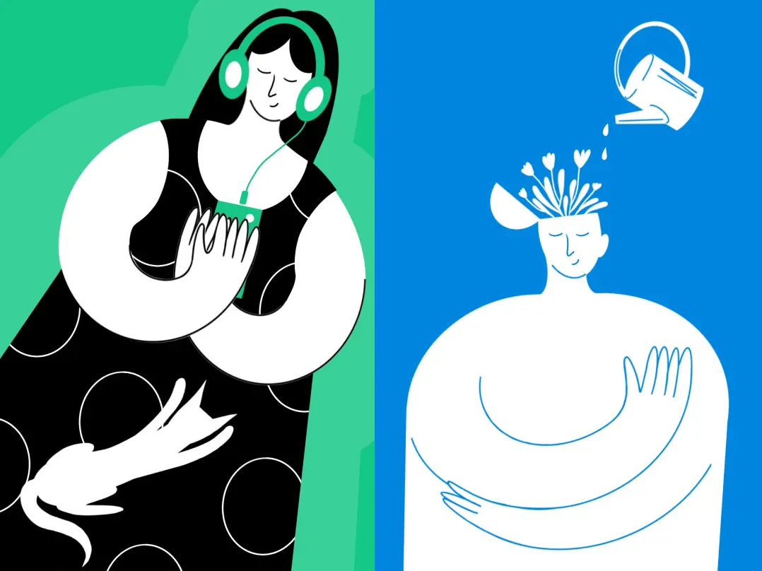 A graphic design element suitable for a mental health app interface. It depicts a calm girl listening to music with headphones. Beside her, a man holds himself, and he is being watered like a plant. Flowers are growing out of his head.