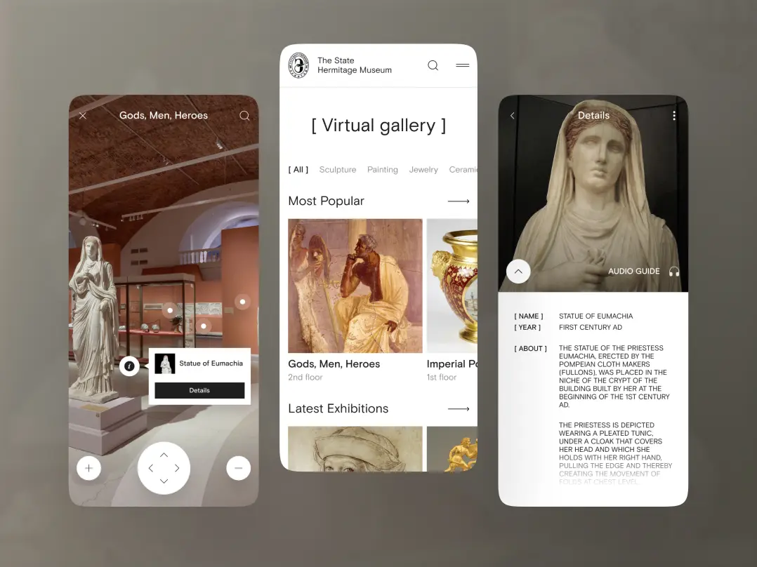A museum mobile app design featuring three screens: a virtual tour of one of the exhibition halls, a virtual gallery with museum objects, and a detailed description of a selected object – an antique statue.
