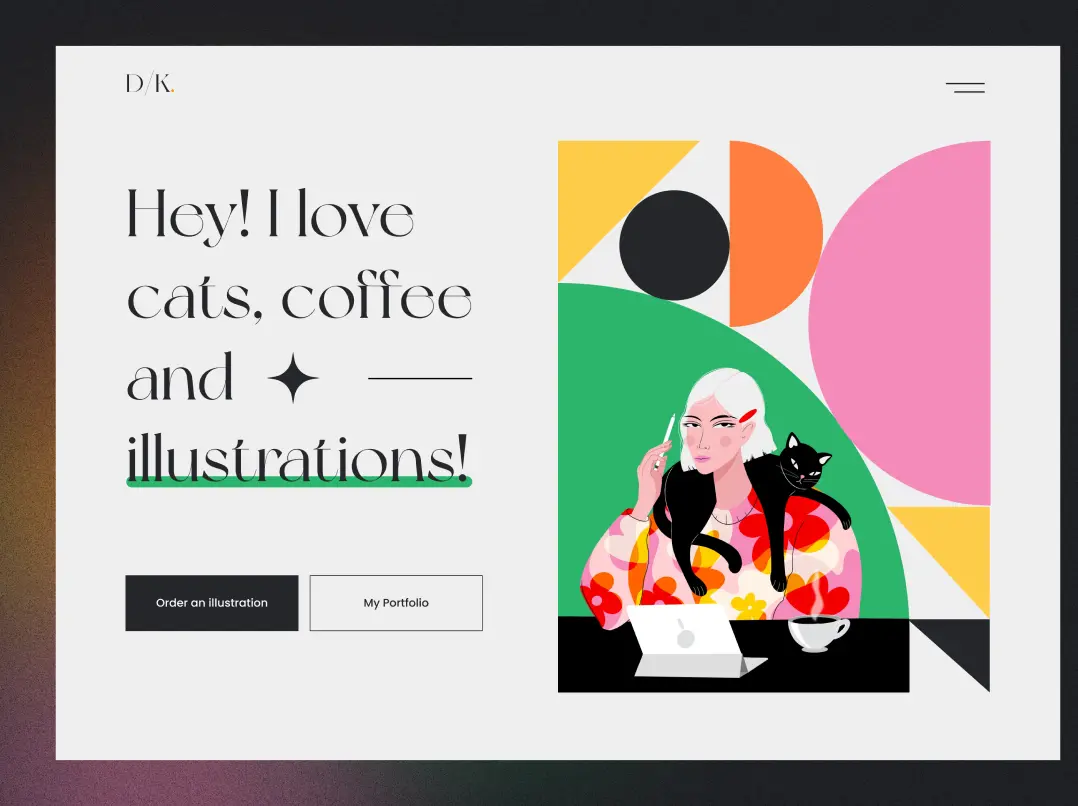 An image of an illustrator's personal website. It demonstrates how a graphic design element can improve the page. There is an illustration of a girl with a cat and tablet symbolizing an illustrator’s personality and interests.