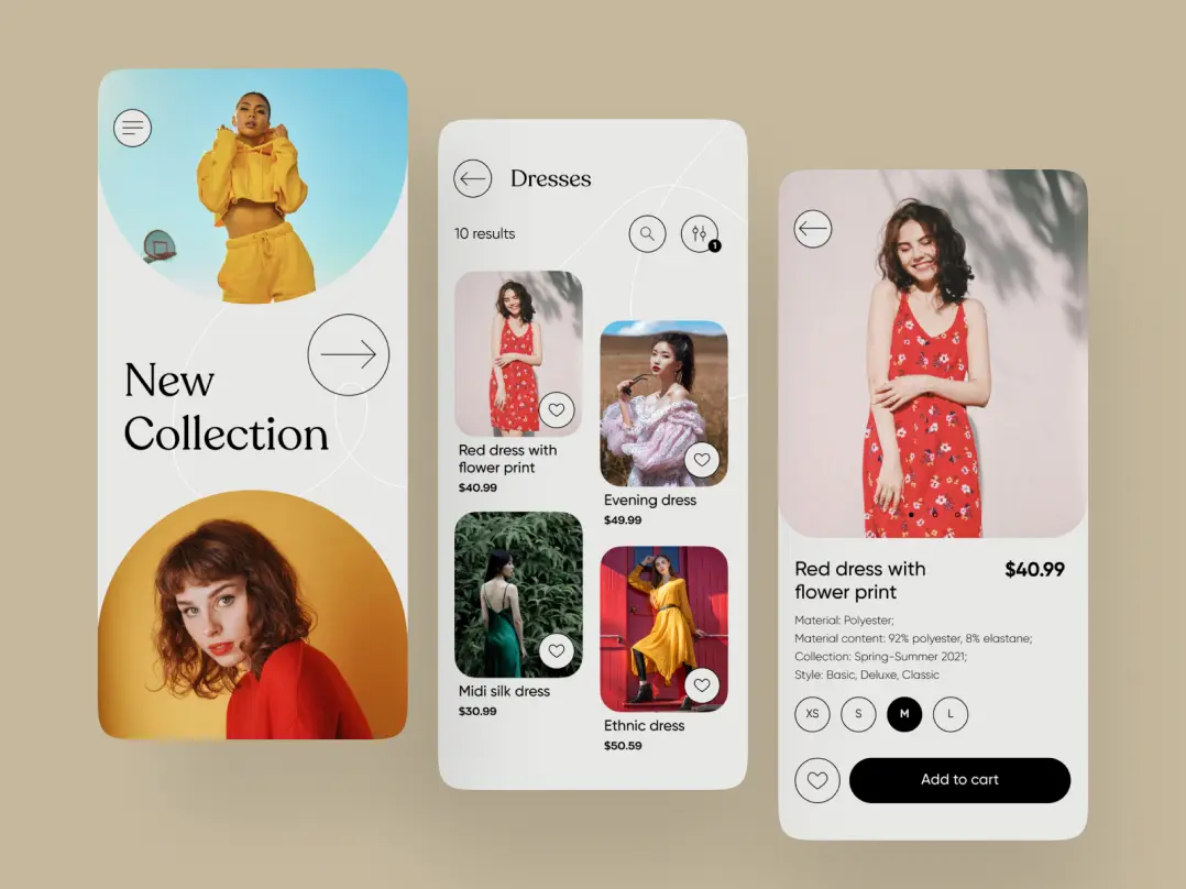 A colorful marketplace mobile app design featuring a new collection banner, a catalog of dresses, and a product card with a detailed description of a red dress.