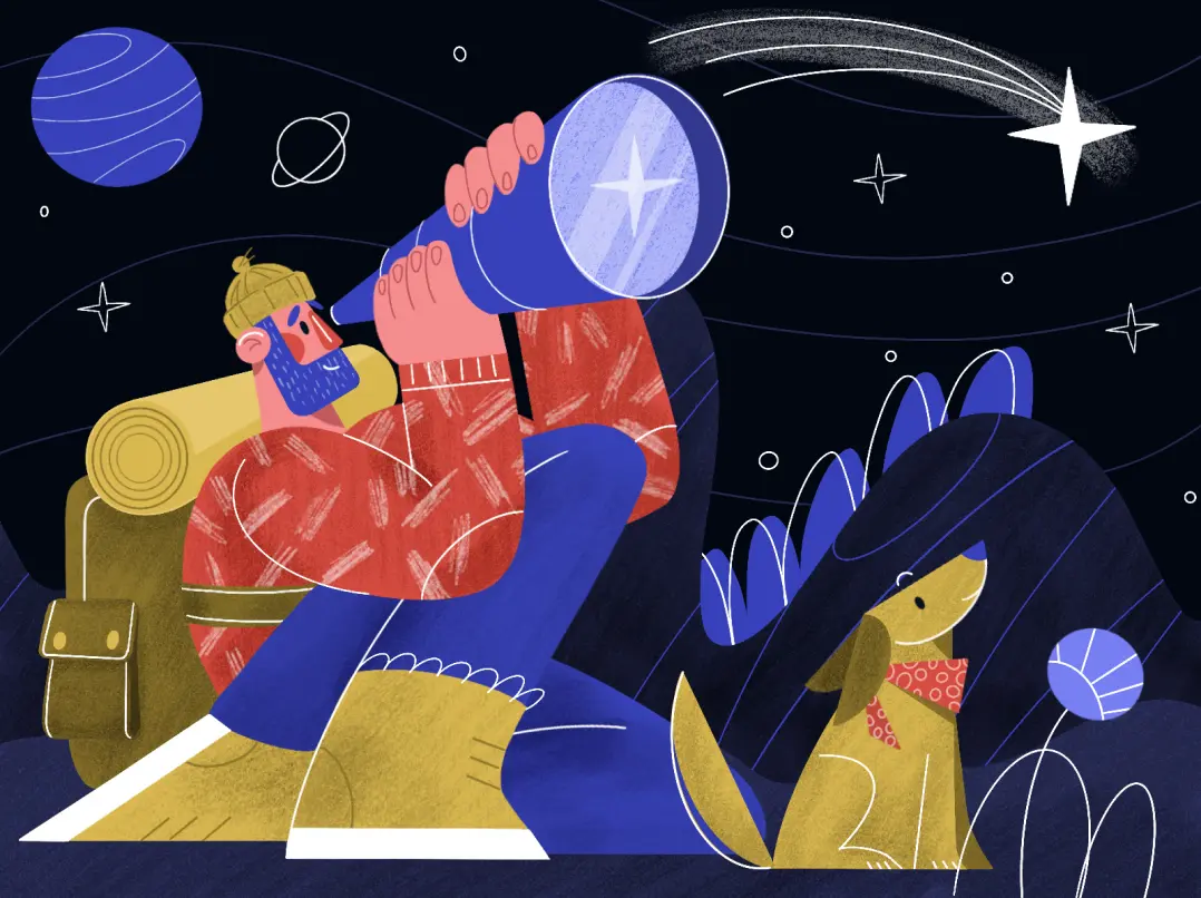 A graphic design of a postcard. It features a man hiking with his dog and watching the stars through his telescope.