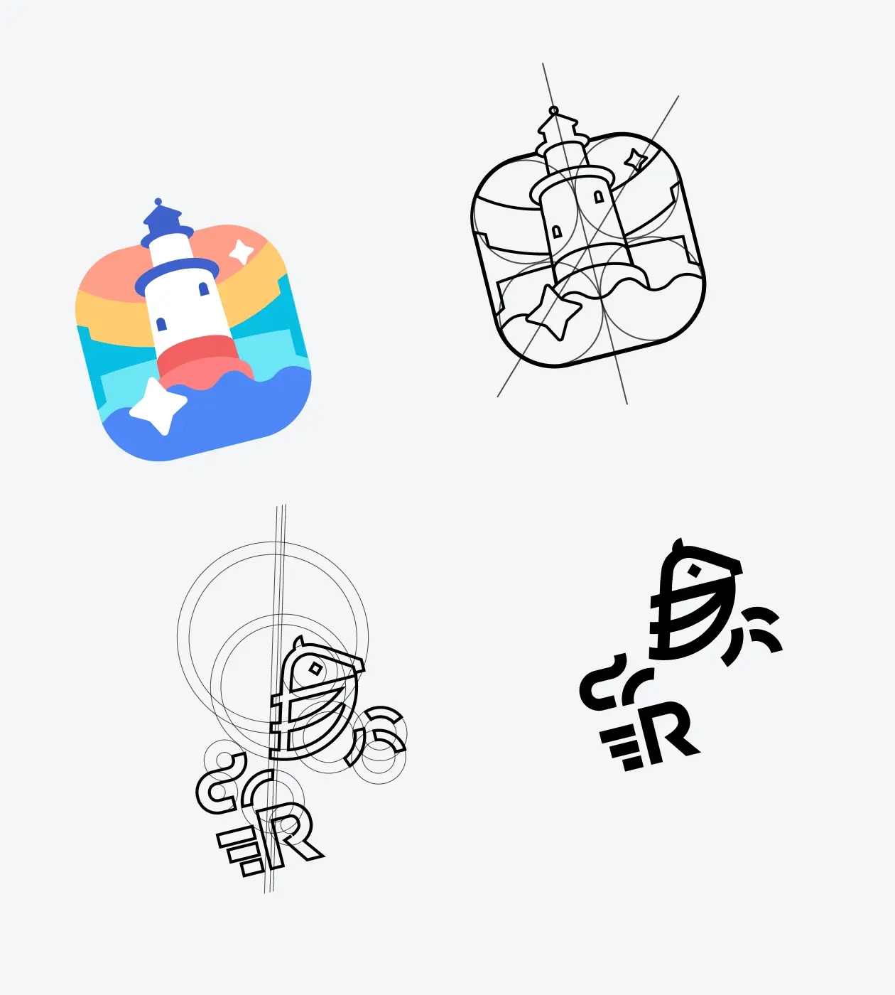 The process of logo creation in the context of graphic design services. The first image shows a logo of a lighthouse, while the second image depicts the letter 'R' in the form of a horse.