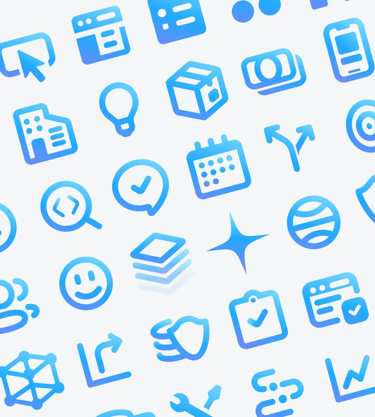 Graphic design of multiple icons in blue color.