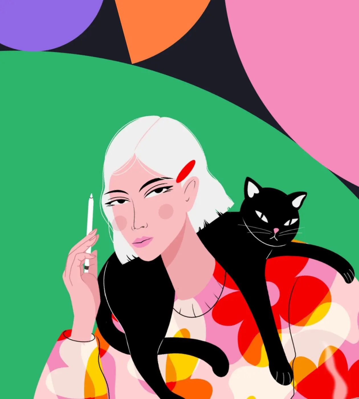 An image of a girl with a cat lying on her shoulders. Creating illustrations is a part of graphic design services.