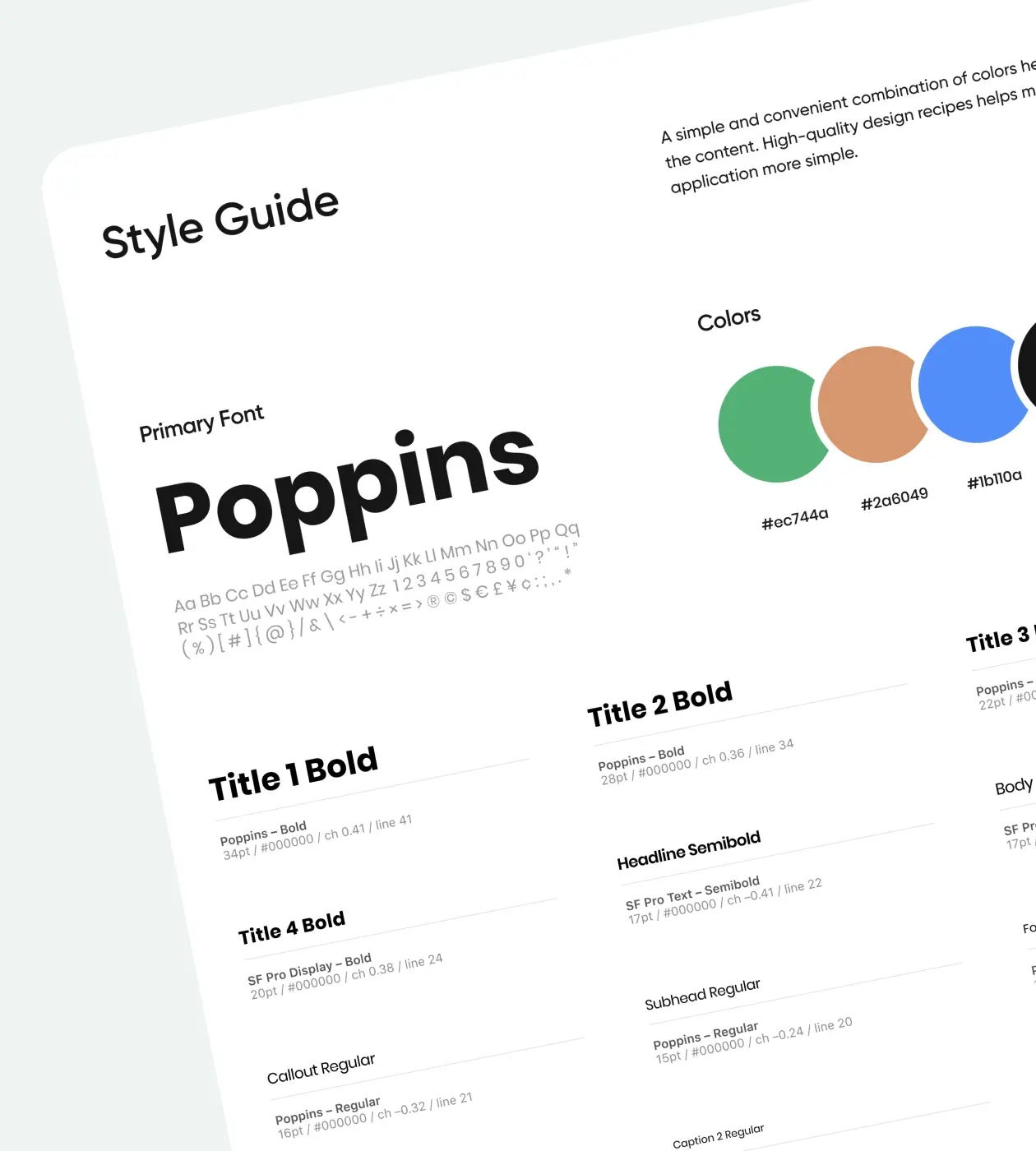 A style guide with fonts, colors, titles types is a part of graphic design services.