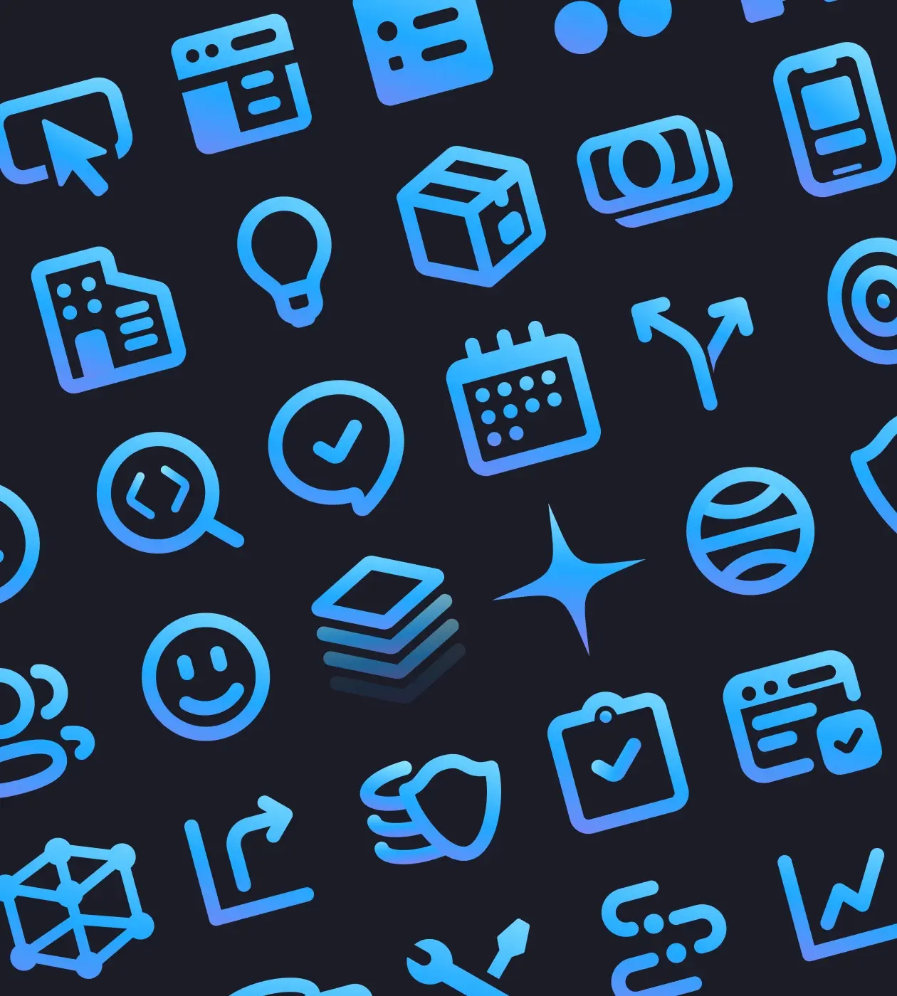 Graphic design of multiple icons in blue color.