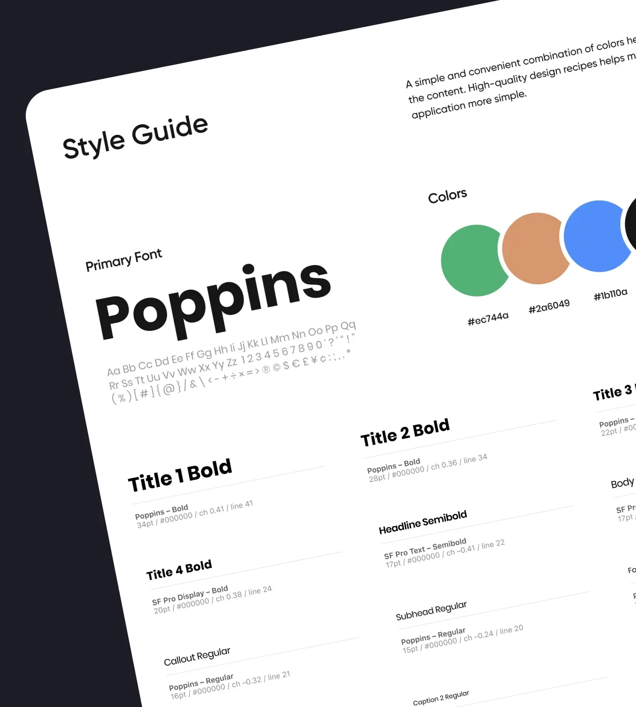 A style guide with fonts, colors, titles types is a part of graphic design services.