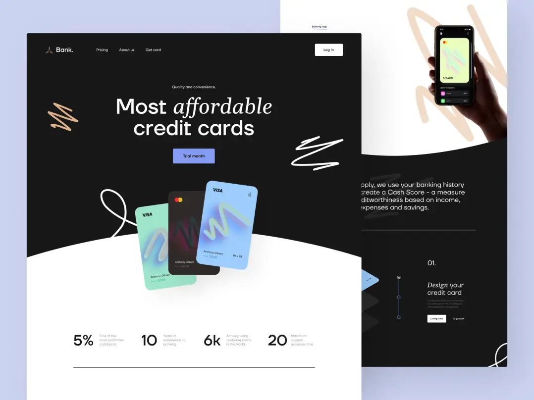 A screenshot of an online banking website's homepage. The screenshot showcases images of credit cards with a "Most affordable credit cards" call to action. Additionally, there's a button for a trial month offer and some statistics displayed. The page's design uses a monochromatic color scheme with ochre accents.