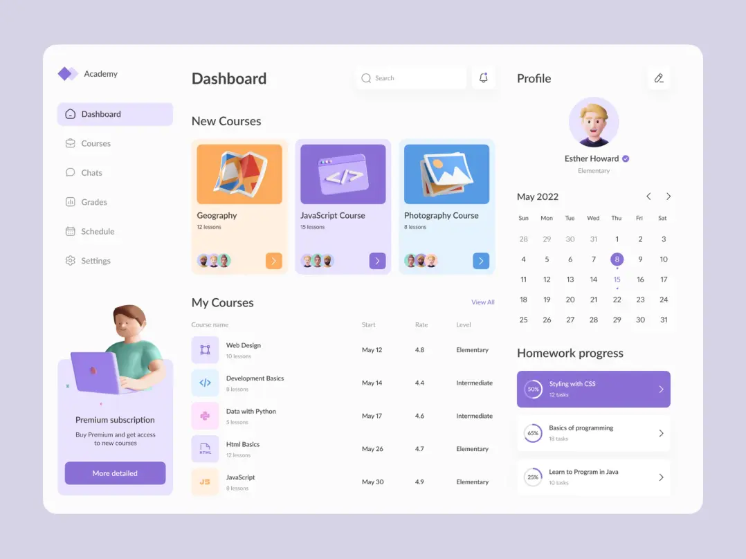 An online education platform design. We see a dashboard featuring available new courses, a calendar, a list of selected courses, and homework progress stats. On the left side, there is a menu with options: Dashboard, Courses, Chats, Grades, Schedule, and Settings. Also, there is an ad offering a premium subscription. The color palette of this design is light with violet accents.