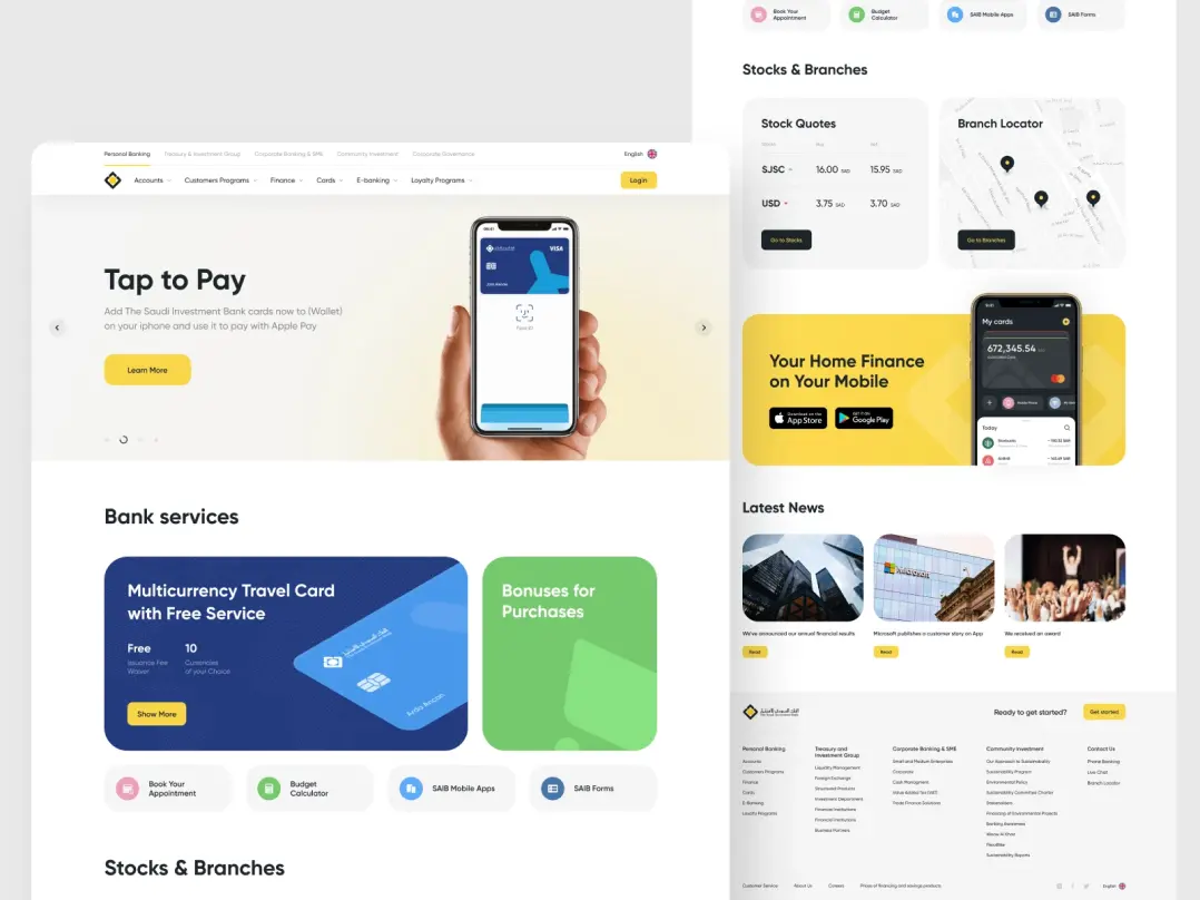 Homepage of a bank website design featuring information on NFC payments with the bank's app, an overview of banking services, details on stocks and branches, a promotion of the bank's mobile app, and the latest financial news.