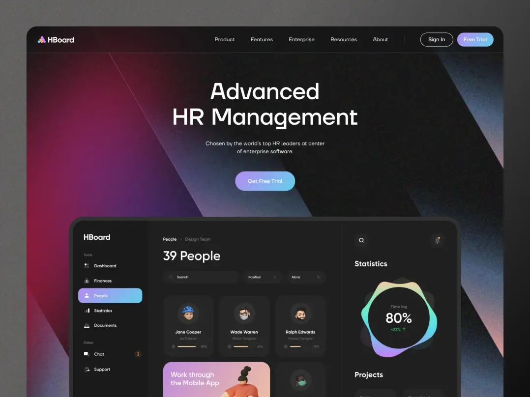 A dark-themed landing page for an HR management system. The headline reads "Advanced HR Management" with a "Get Free Trial" button below. The page also displays a screenshot of the HR management app interface.