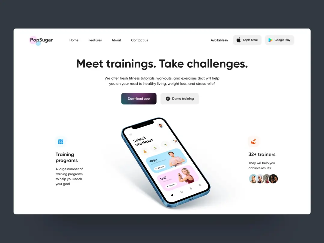 A training mobile app landing page design. It features a “Meet trainings. Take challenges” slogan, below there are “download app” and “demo training” buttons. Also, there is a screenshot of a mobile app itself.