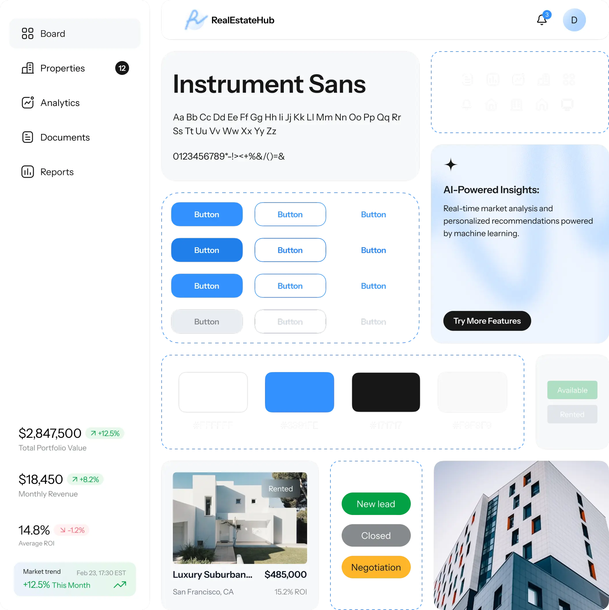 UI kit with the Instrument Sans typeface, button states, white, blue, black and grey color swatches, status badges and dashboard components.