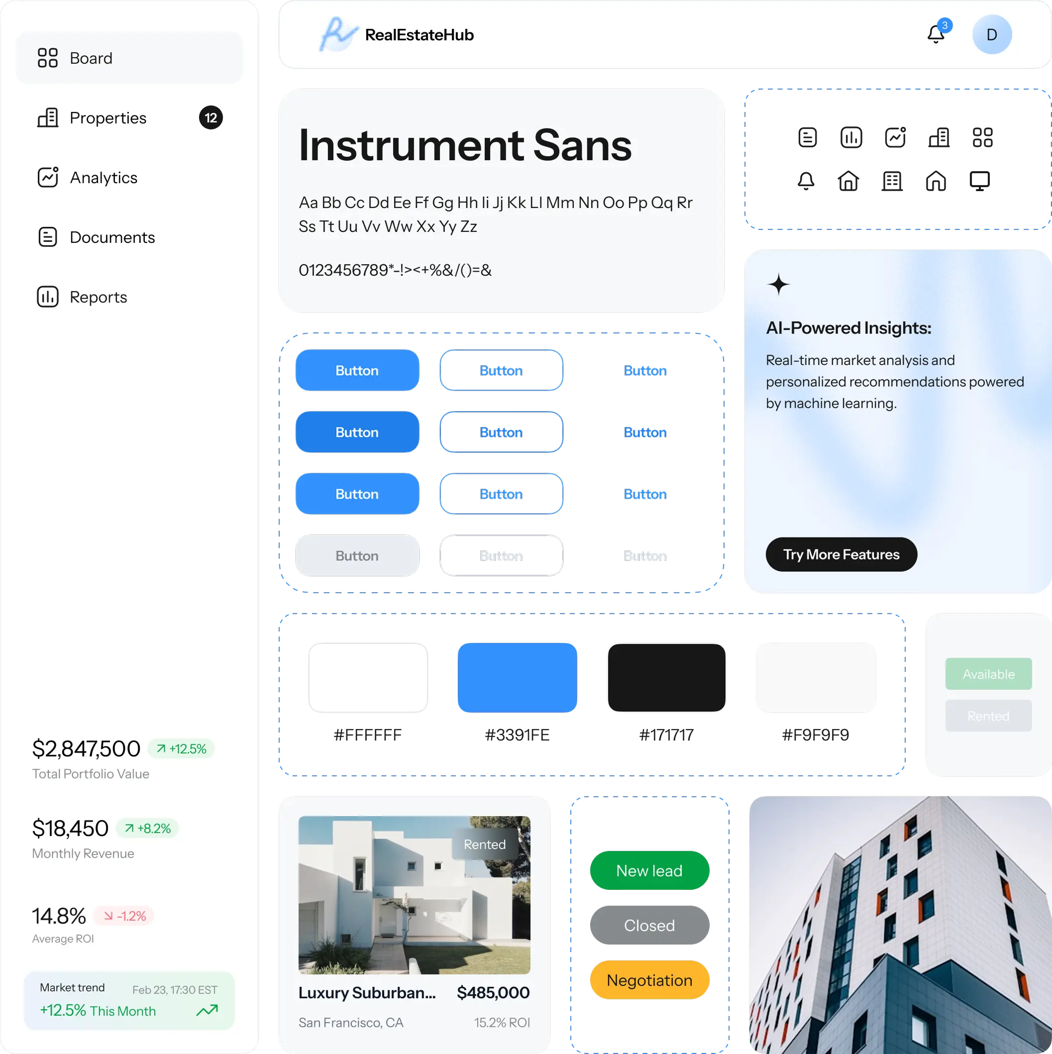 UI kit with the Instrument Sans typeface, button states, white, blue, black and grey color swatches, status badges and dashboard components.