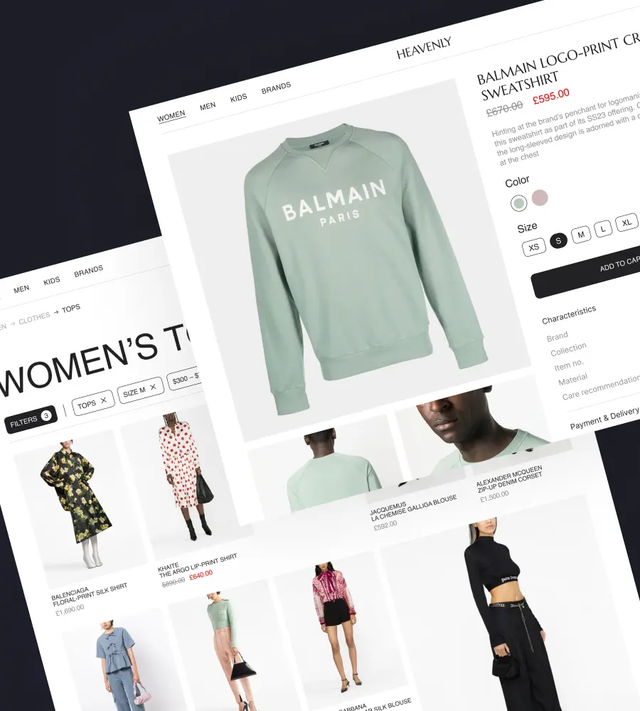 Screenshots of a clothing marketplace website. The first screenshot displays a catalog of women's clothing, the second screenshot showcases a detailed product page for a Balmain sweatshirt.