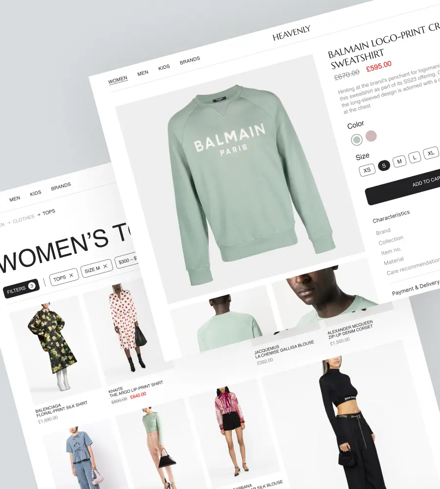Screenshots of a clothing marketplace website. The first screenshot displays a catalog of women's clothing, the second screenshot showcases a detailed product page for a Balmain sweatshirt.