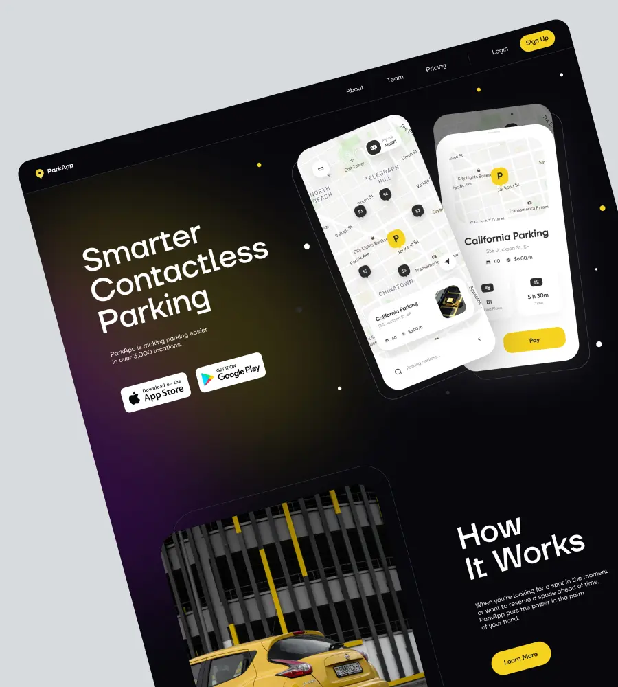 The screenshot shows a landing page design promoting a mobile app for contactless parking. The landing page is titled "Smarter Contactless Parking."  Below the title are buttons inviting users to install the app on the App Store or Google Play and mobile app screenshots featuring a city map. Below the buttons is a picture of a car with a short text explaining how the app works, followed by a "Learn More" button.