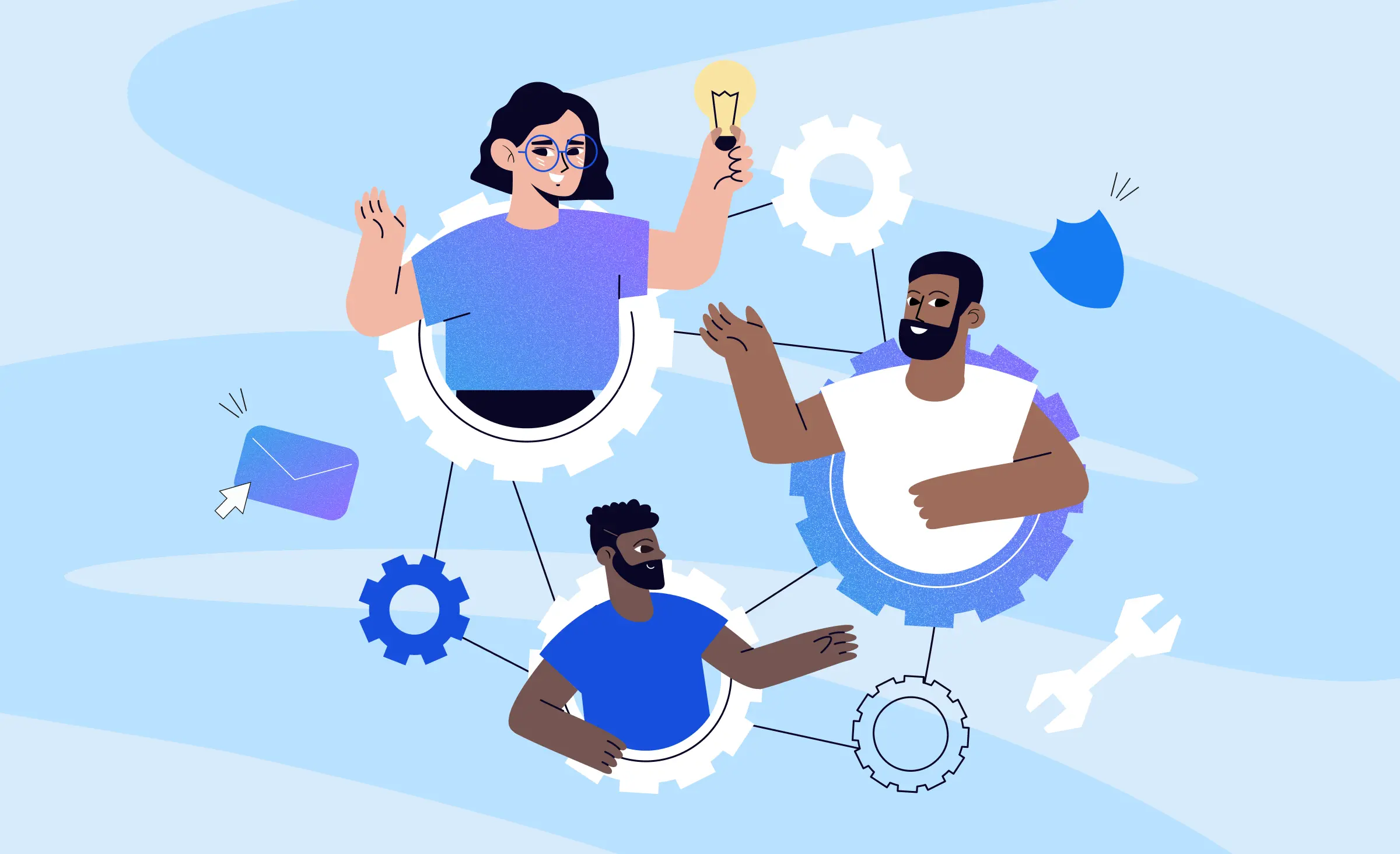 The cover image for the article on how to find a co-founder features three people integrated into the parts of a mechanism. One of them is holding a light bulb, symbolizing a startup. Keywords: How to find a co-founder.