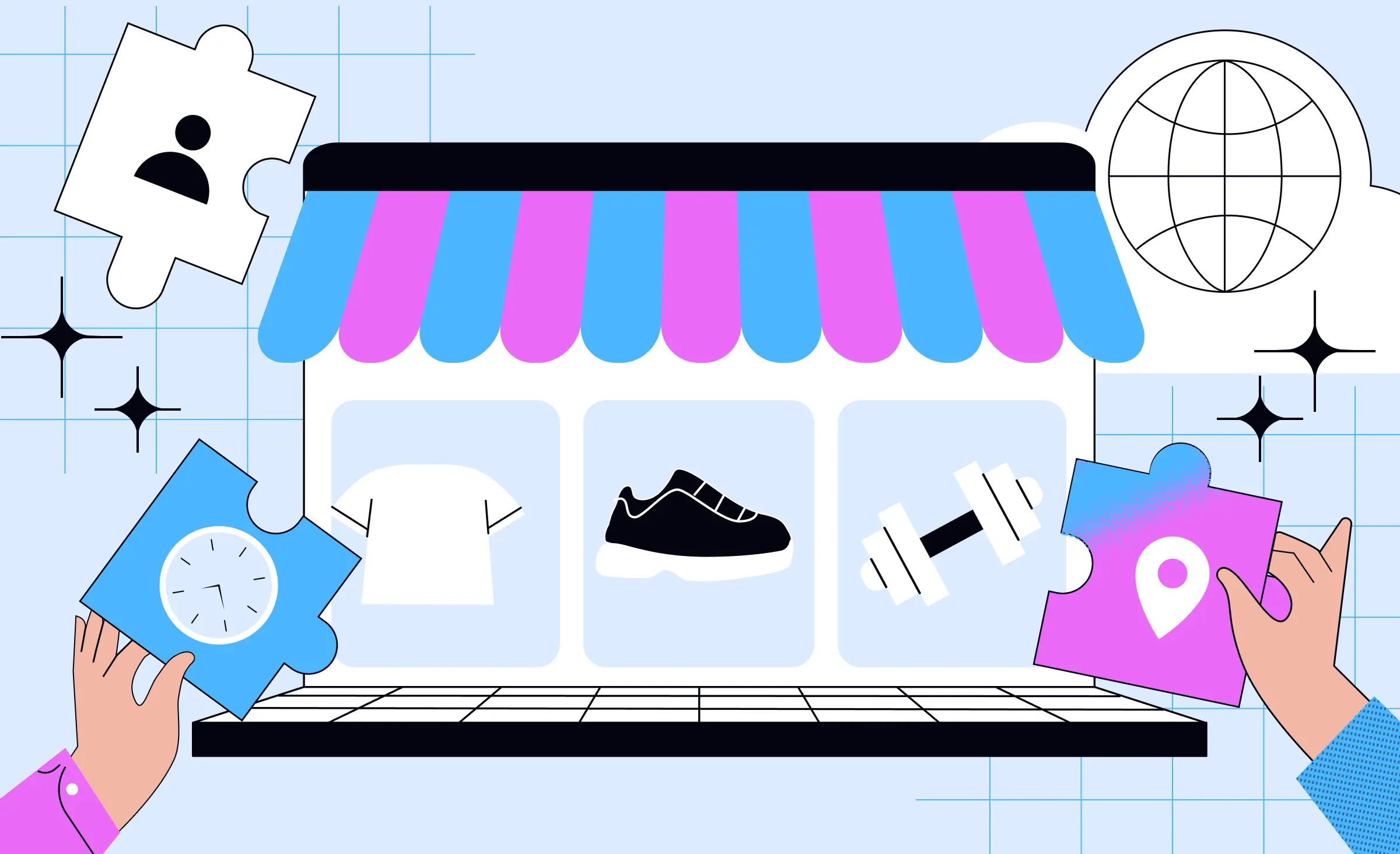 Cover illustration for an article about flexibility and agility in online retail featuring a digital storefront and icons representing various online shopping features