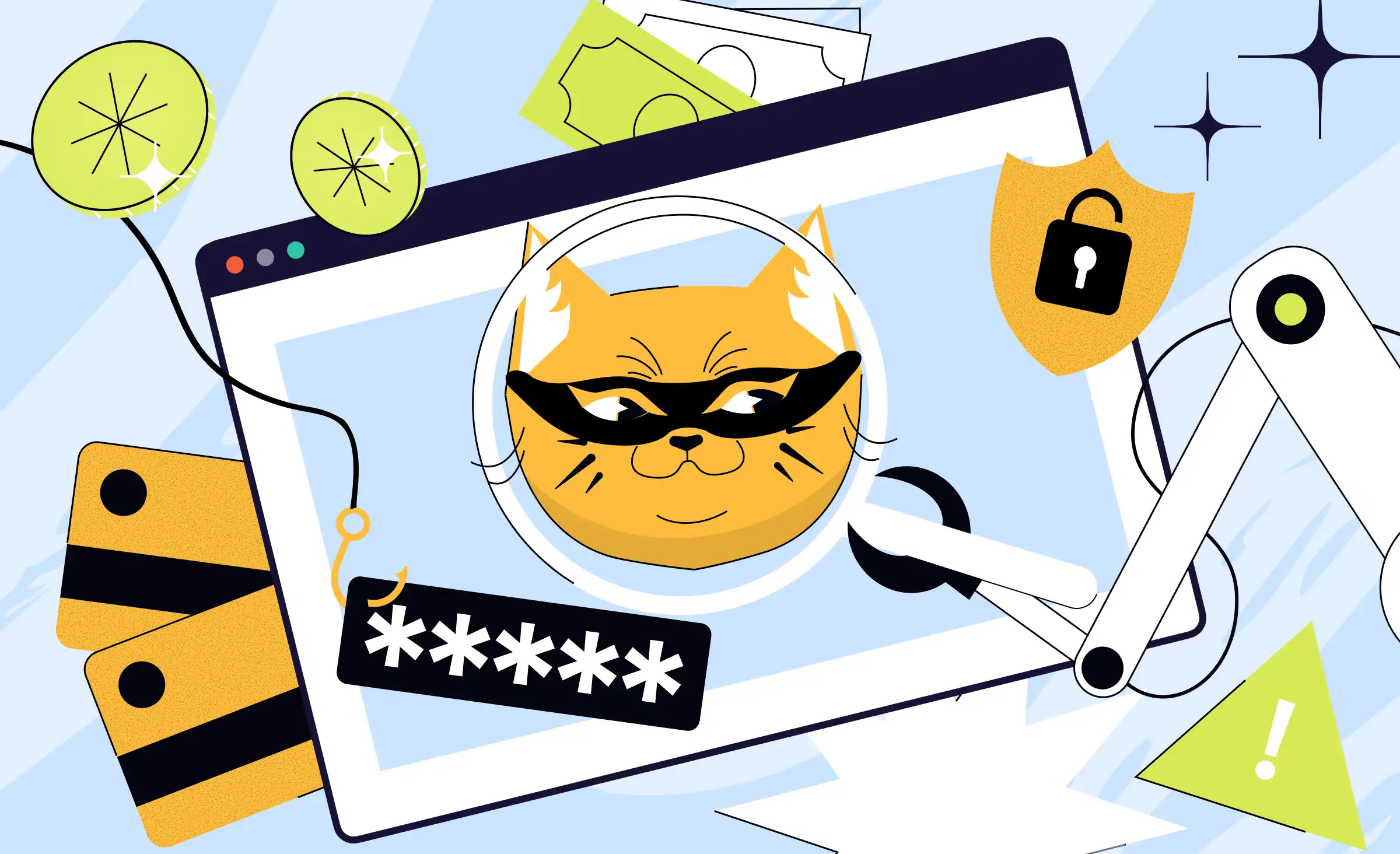 Illustration of a masked cat under a magnifying glass on a computer screen, symbolizing online fraud detection, surrounded by payment cards, money, and security icons, representing AI fraud detection services identifying suspicious activities.