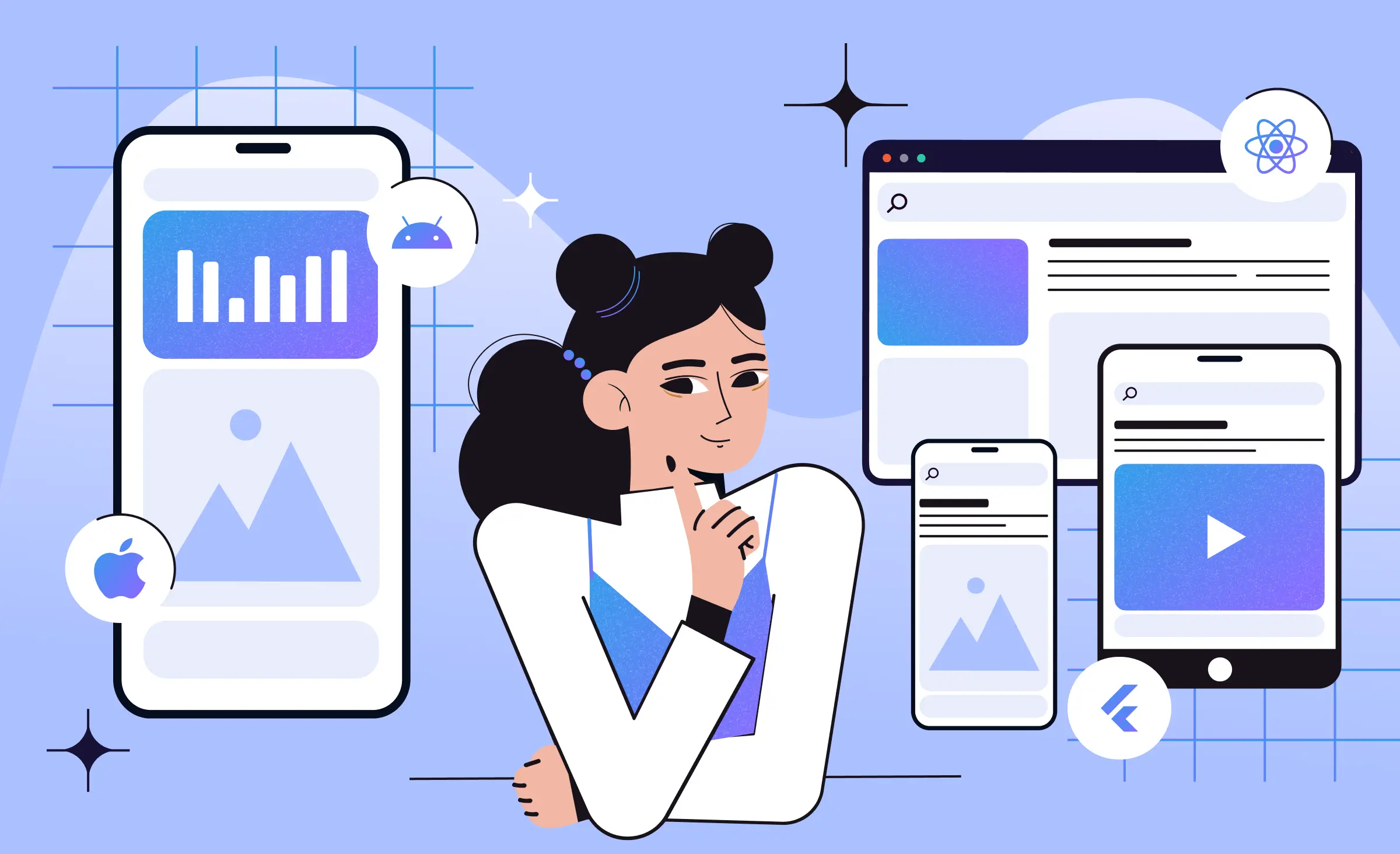 The cover of the article features a girl with a mobile phone screen to her left, surrounded by iOS and Android platform logos. To her right, there are interfaces of different devices: a tablet, a desktop, and a mobile phone, along with Flutter and React Native logos, symbolizing cross-platform development capabilities. The girl rests a finger on her chin, a gesture of contemplation, as she ponders which approach to building a mobile app is best to choose.