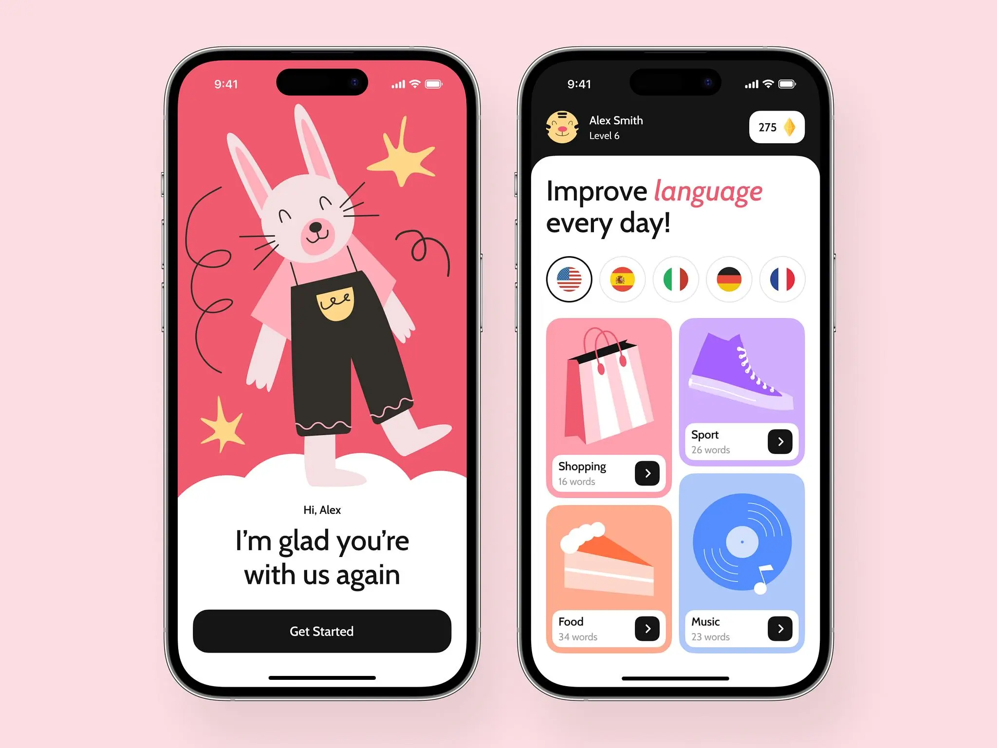 Mobile learning app design concept with features like categorized words, vocabulary for children, interactive learning activities, and more