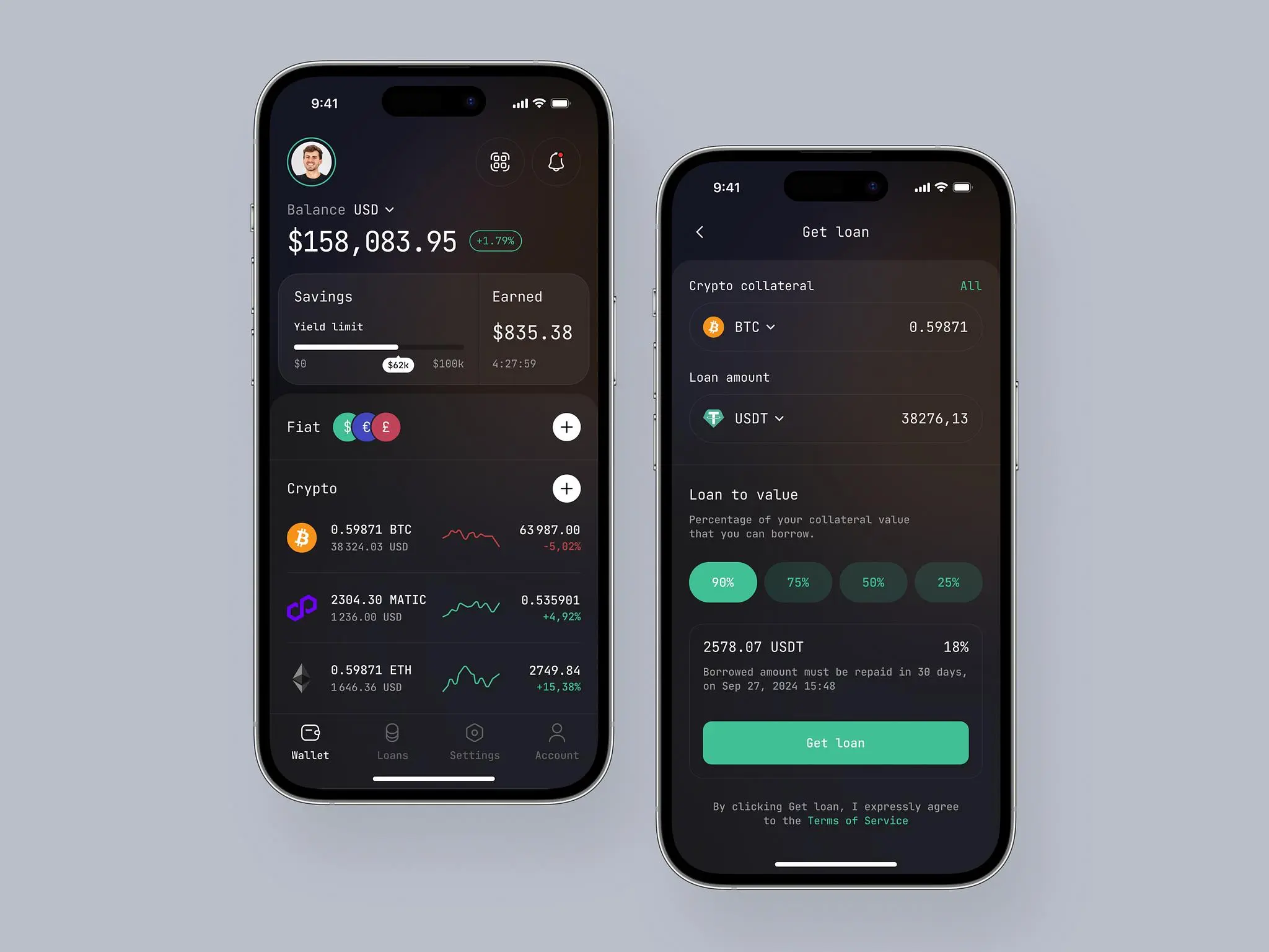 Crypto loan mobile app design concept with two screens - home screen and the screen where users can get a loan