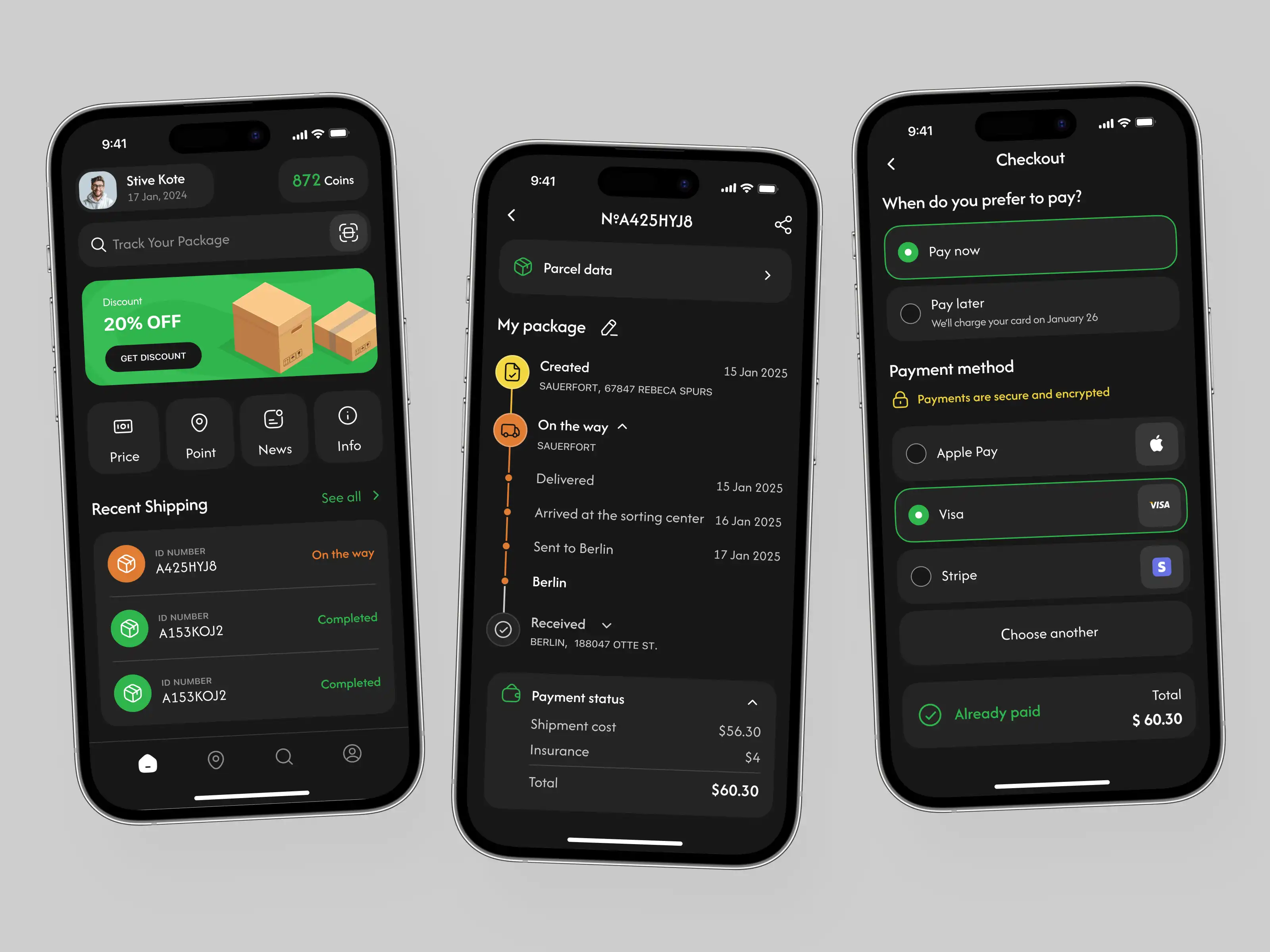 Package Tracking App Home Screen with Recent Shipments and Bonuses