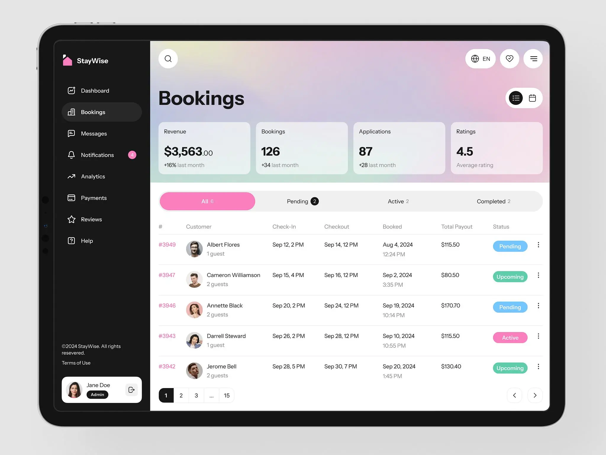 Property management dashboard design concept with features like bookings, statuses, managing occupancy, and more