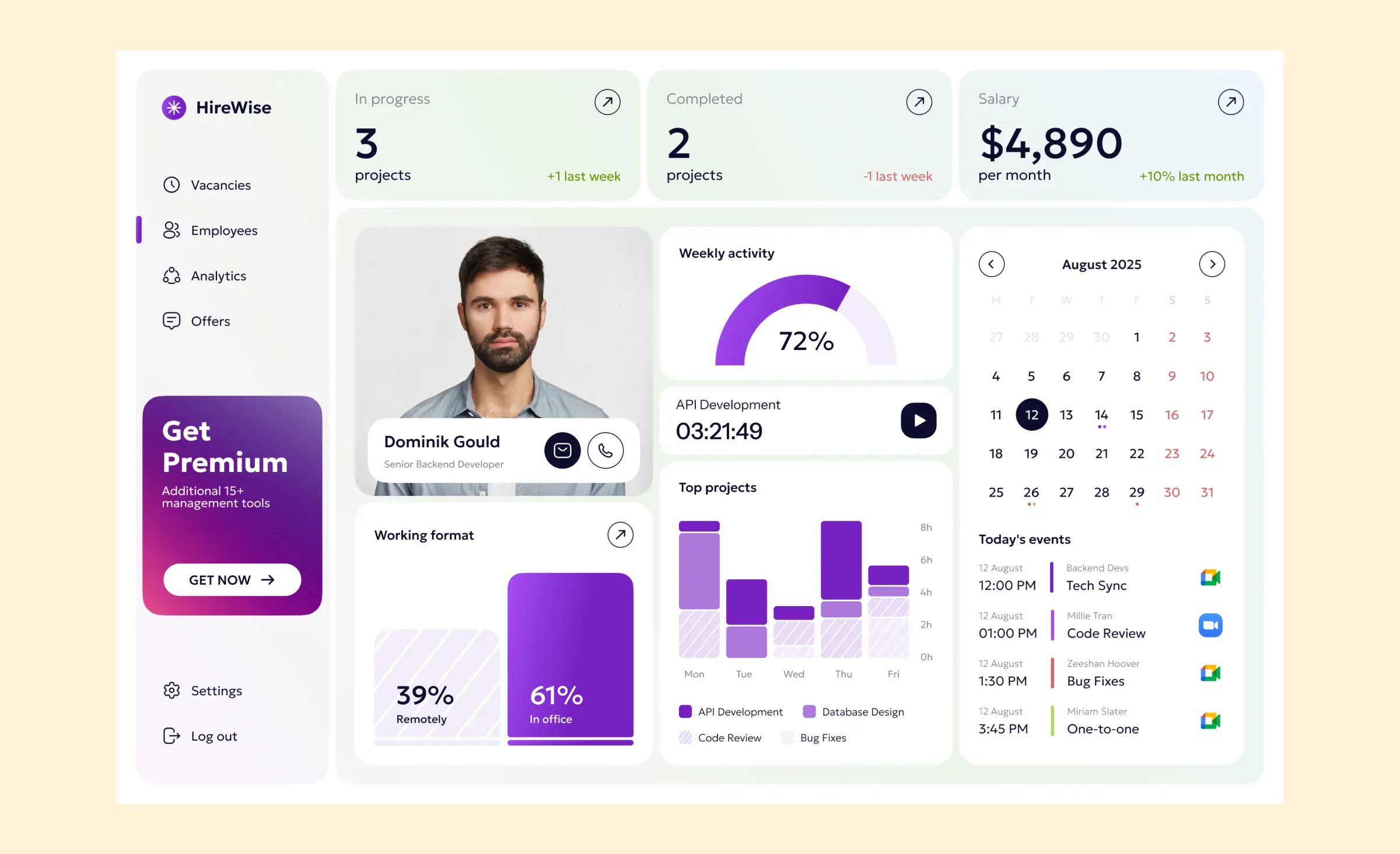 Enterprise UI dashboard displaying employee profile, project stats, activity charts, and calendar events, showcasing enterprise UI/UX best practices for handling complex data.