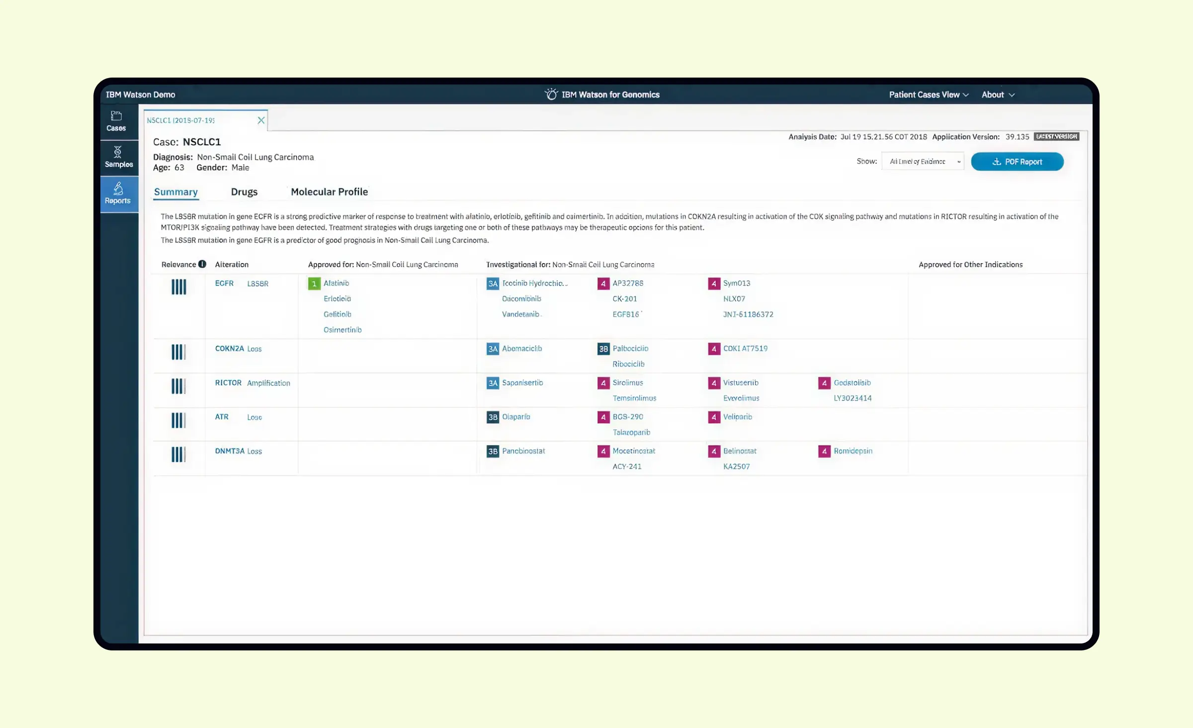 This image shows the IBM Watson software interface, which analyzes genetic and clinical data to support AI in healthcare patient diagnostics. By providing insights for treatment recommendations, it helps healthcare professionals make more precise and personalized decisions for patient care.