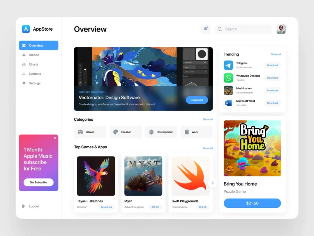 An app store website redesign. the overview page features app categories, a list of top games and apps, trending apps, and a puzzle game promotion.