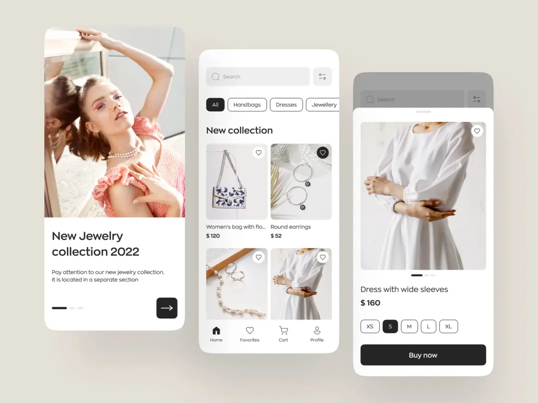 Three screenshots of a marketplace design. the first screenshot is titled "New jewelry collection 2022" and features a model wearing a pearl necklace from the collection. the second screenshot is titled "All" and displays items from the new collection, including a bag, earrings, a necklace, and a dress. the third screenshot shows a dress image with details such as cost, size selection, and a "Buy Now" button.