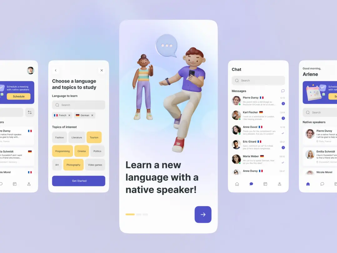 Screenshots of a language learning mobile app. the images showcase features like language selection, study topics, a welcome page, chat page, and the homepage. the app has a white background with bright blue and yellow accents for a fun learning experience.