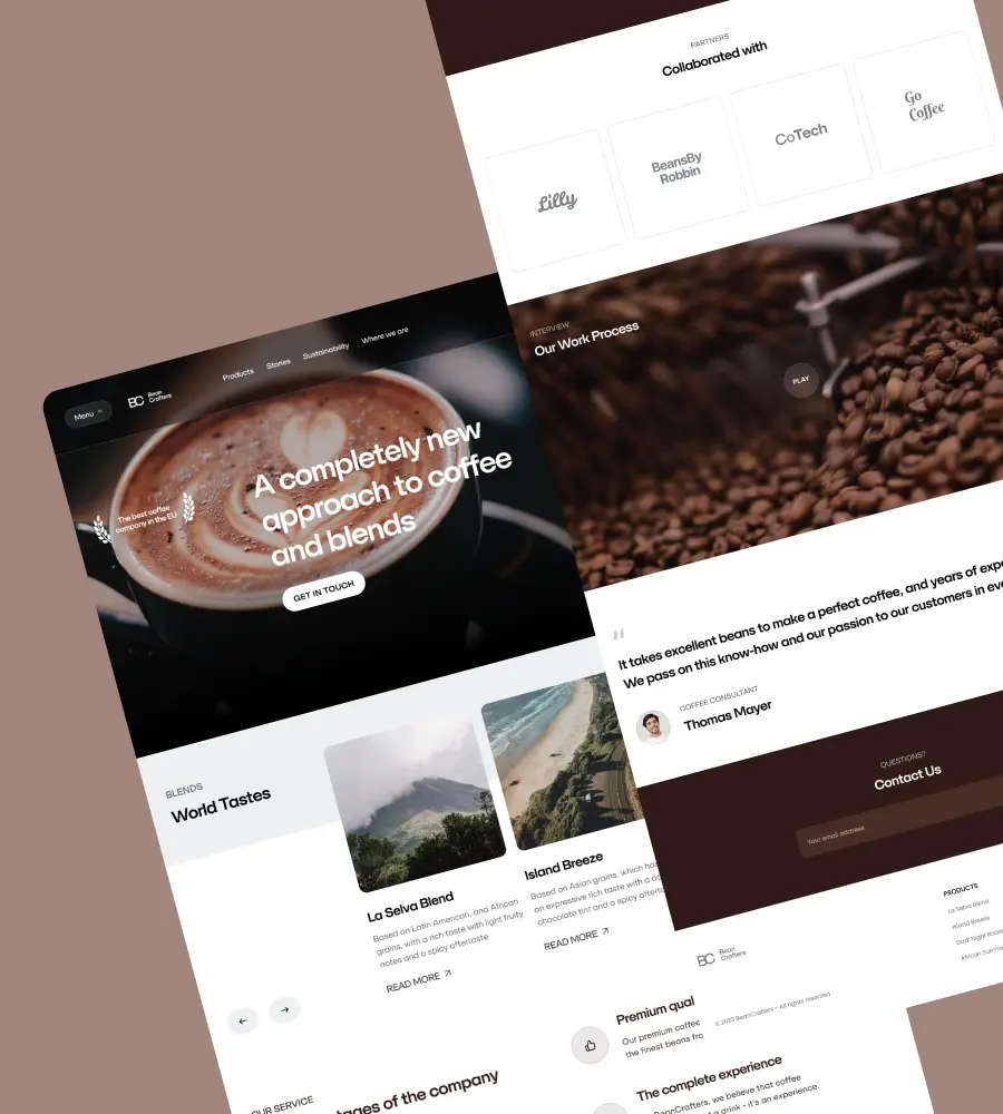 The image shows website design for a coffee roasting company. the hero page, highlighting the company's experience, is designed in a monochromatic color scheme, with a strong emphasis on imagery.