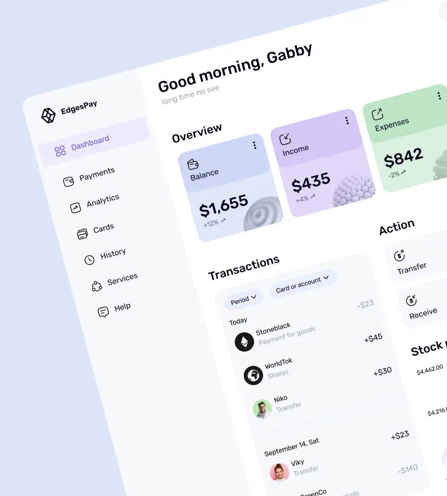 The screenshot shows the dashboard of a personal finance web app. It features a greeting of "Good morning, Gabby" along with an overview of the latest transactions and financial data. On the left side of the screenshot, a menu displays the following options: Dashboard, Payments, Analytics, Cards, History, Services, and Help.