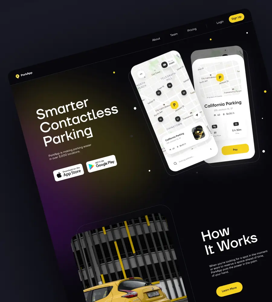 The screenshot shows a landing page design promoting a mobile app for contactless parking. the landing page is titled "Smarter Contactless Parking."  Below the title are buttons inviting users to install the app on the App Store or Google Play and mobile app screenshots featuring a city map. Below the buttons is a picture of a car with a short text explaining how the app works, followed by a "Learn More" button.